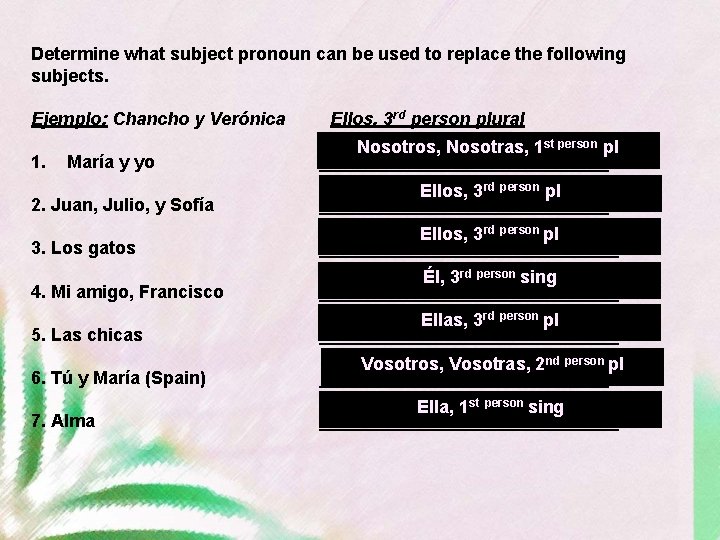  Determine what subject pronoun can be used to replace the following subjects. Ejemplo: