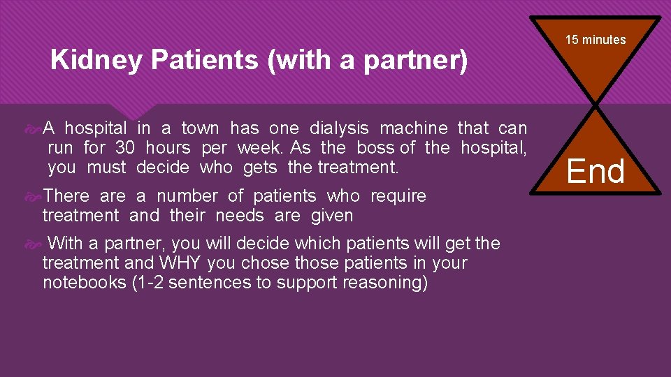 Kidney Patients (with a partner) A hospital in a town has one dialysis machine