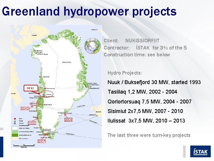 Greenland hydropower projects Client: NUKISSIORFIIT Contractor: ÍSTAK for 3½ of the 5 Construction time: