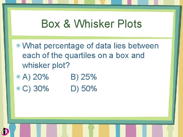 Box & Whisker Plots What percentage of data lies between each of the quartiles