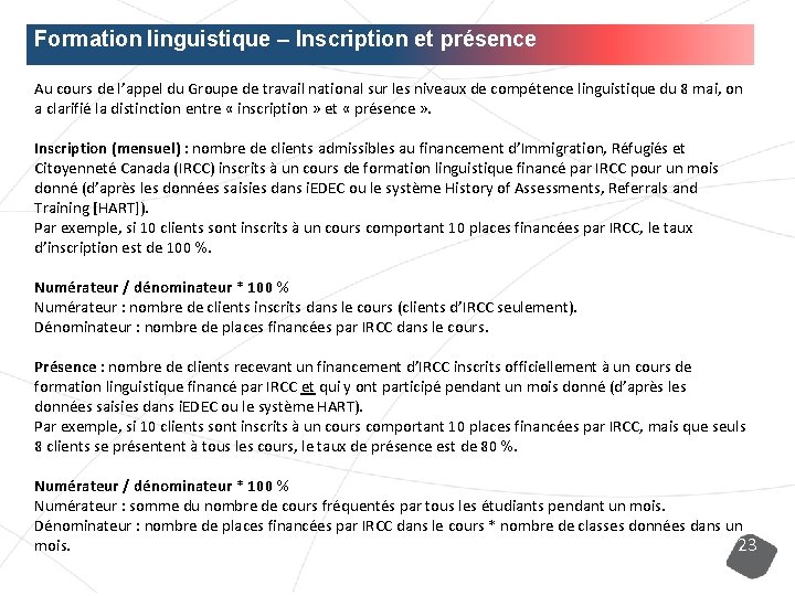 Formation linguistique – Inscription et présence Au cours de l’appel du Groupe de travail