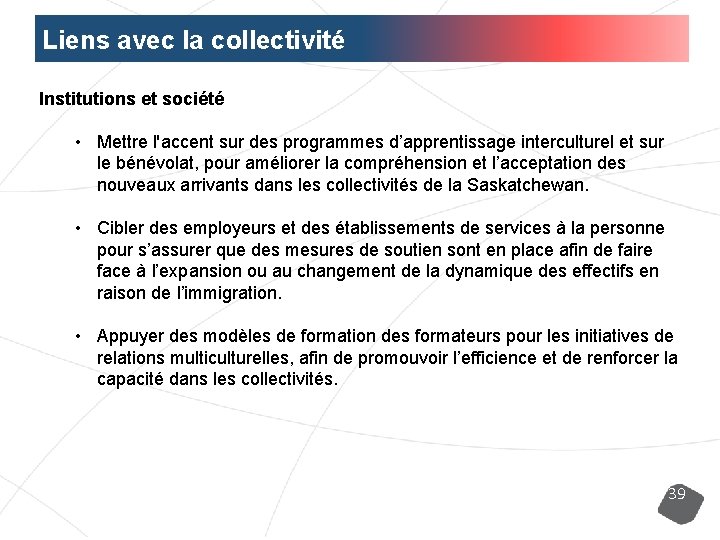 Liens avec la collectivité Institutions et société • Mettre l'accent sur des programmes d’apprentissage