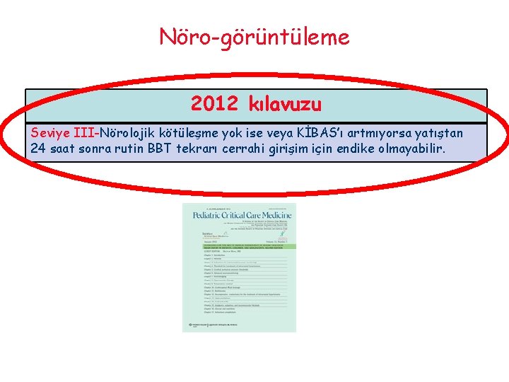 Nöro-görüntüleme 2012 kılavuzu Seviye III-Nörolojik kötüleşme yok ise veya KİBAS’ı artmıyorsa yatıştan 24 saat