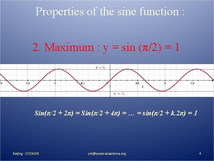 Properties of the sine function : 2. Maximum : y = sin (π/2) =