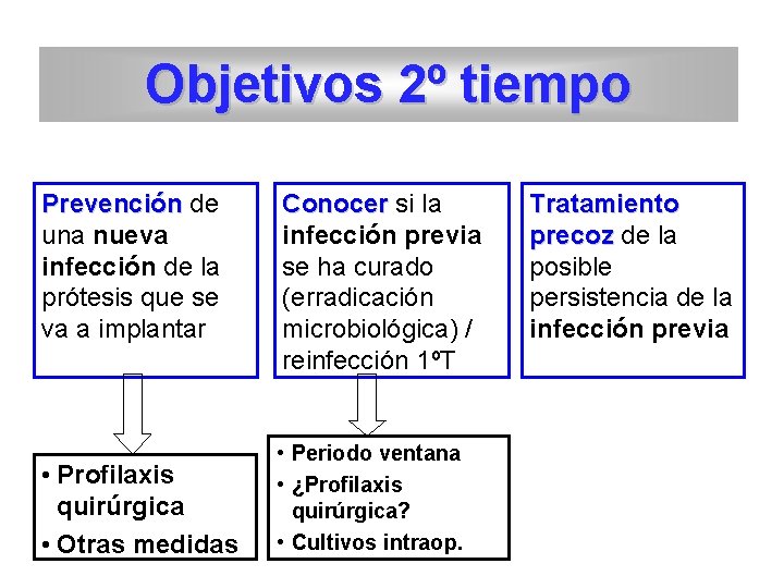 Objetivos 2º tiempo Prevención de una nueva infección de la prótesis que se va