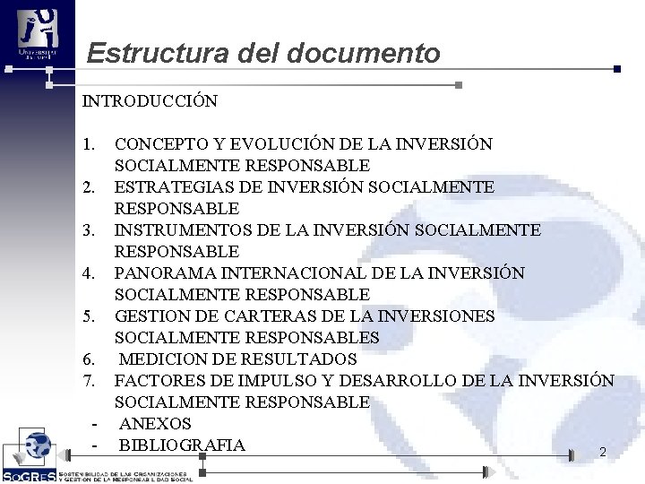 Estructura del documento INTRODUCCIÓN 1. CONCEPTO Y EVOLUCIÓN DE LA INVERSIÓN SOCIALMENTE RESPONSABLE 2.