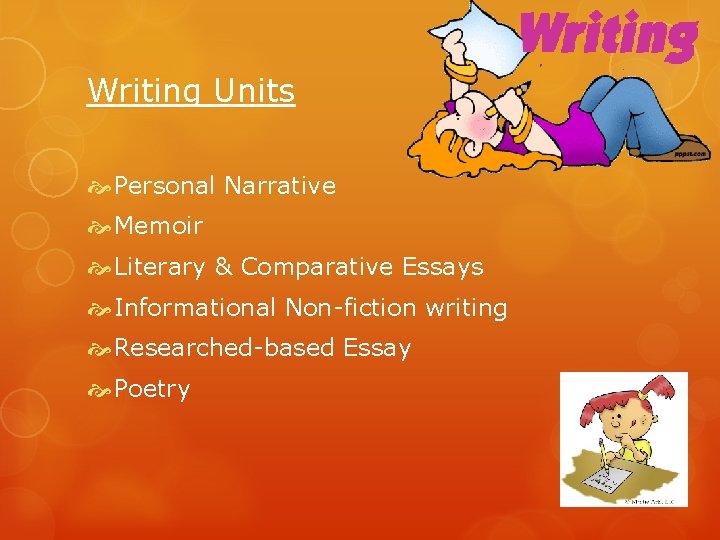 Writing Units Personal Narrative Memoir Literary & Comparative Essays Informational Non-fiction writing Researched-based Essay