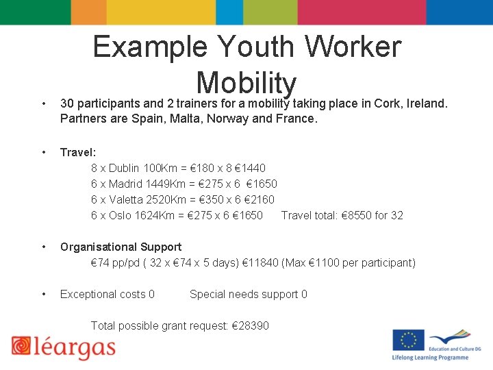  • Example Youth Worker Mobility 30 participants and 2 trainers for a mobility