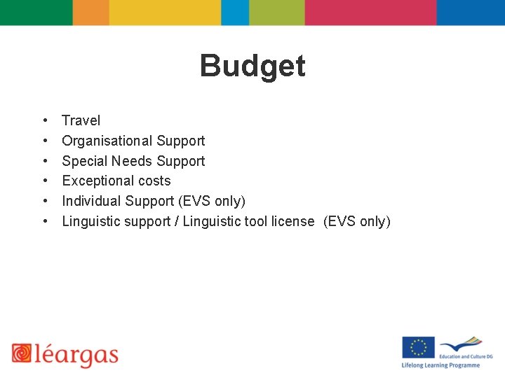 Budget • • • Travel Organisational Support Special Needs Support Exceptional costs Individual Support