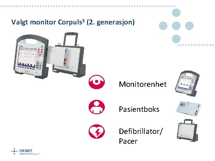 Valgt monitor Corpuls 3 (2. generasjon) Monitorenhet Pasientboks Defibrillator/ Pacer 