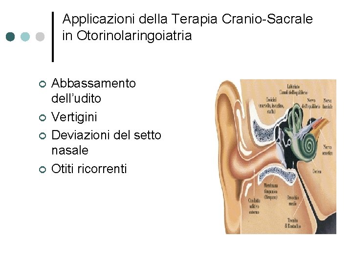 Applicazioni della Terapia Cranio-Sacrale in Otorinolaringoiatria ¢ ¢ Abbassamento dell’udito Vertigini Deviazioni del setto