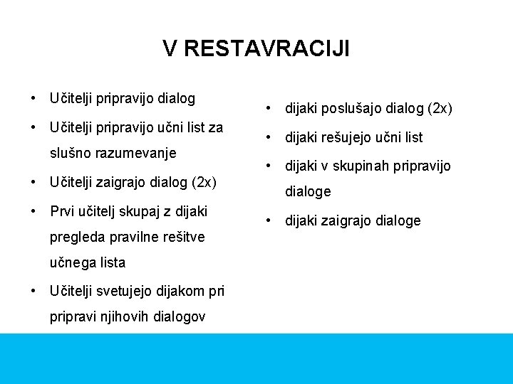 V RESTAVRACIJI • Učitelji pripravijo dialog • Učitelji pripravijo učni list za slušno razumevanje