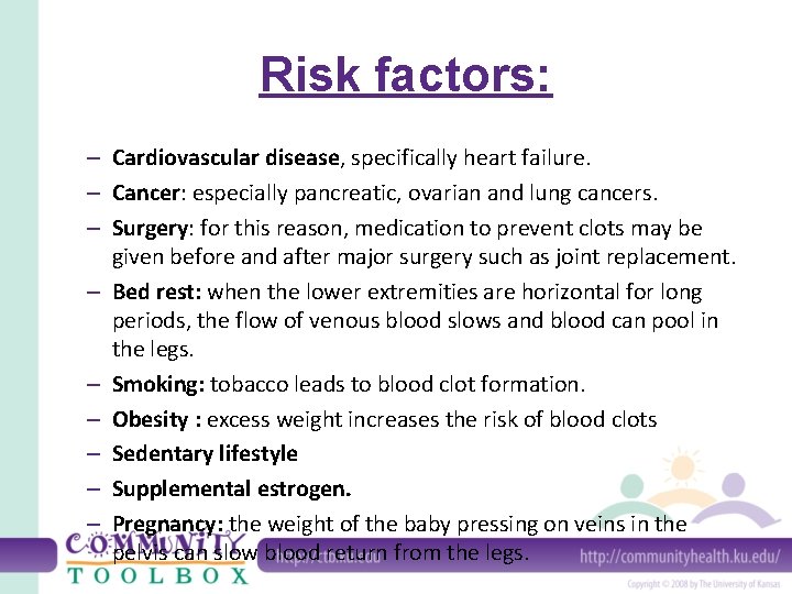 Risk factors: – Cardiovascular disease, specifically heart failure. – Cancer: especially pancreatic, ovarian and