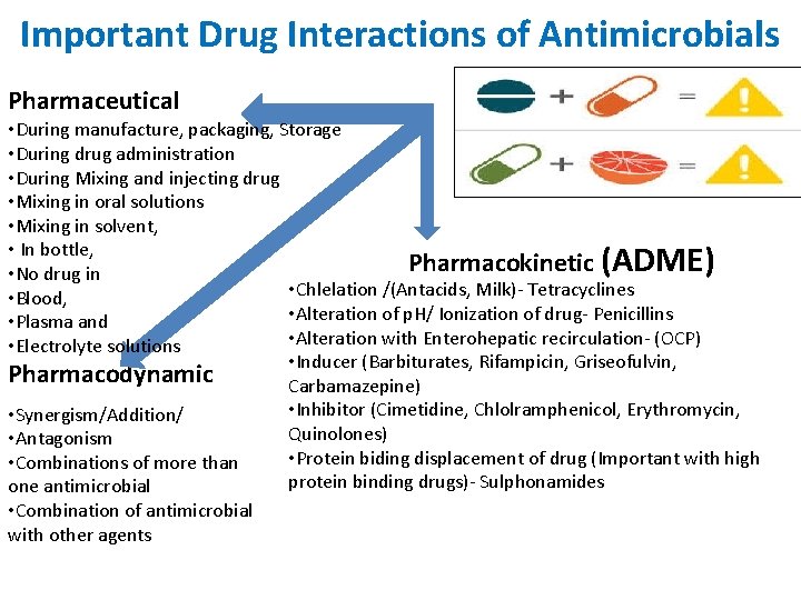 Important Drug Interactions of Antimicrobials Pharmaceutical • During manufacture, packaging, Storage • During drug