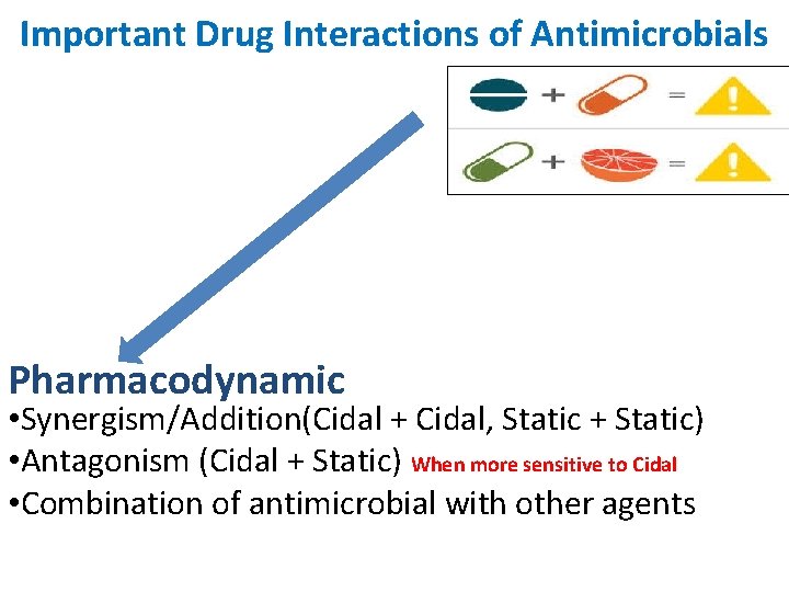 Important Drug Interactions of Antimicrobials Pharmacodynamic • Synergism/Addition(Cidal + Cidal, Static + Static) •