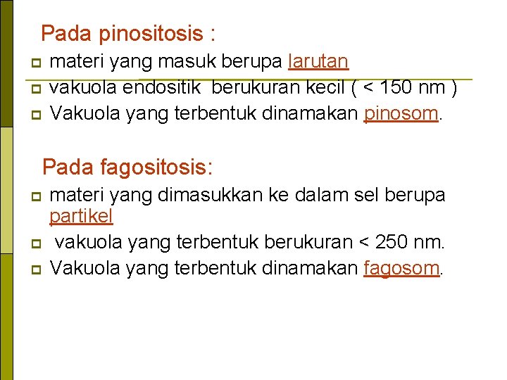 Pada pinositosis : p p p materi yang masuk berupa larutan vakuola endositik berukuran