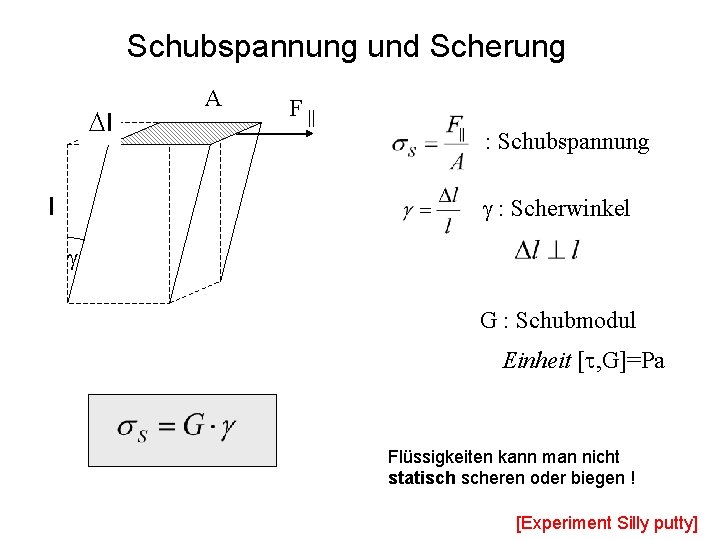 Schubspannung und Scherung Dl A F || : Schubspannung g : Scherwinkel l g
