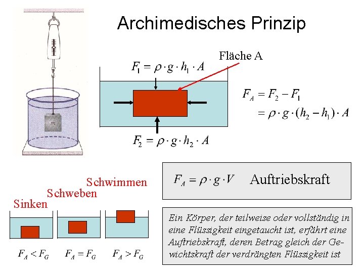 Archimedisches Prinzip Fläche A Schwimmen Schweben Sinken Auftriebskraft Ein Körper, der teilweise oder vollständig