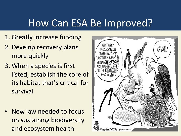 How Can ESA Be Improved? 1. Greatly increase funding 2. Develop recovery plans more