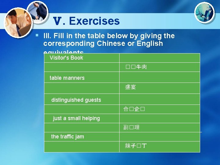 Ⅴ. Exercises § III. Fill in the table below by giving the corresponding Chinese