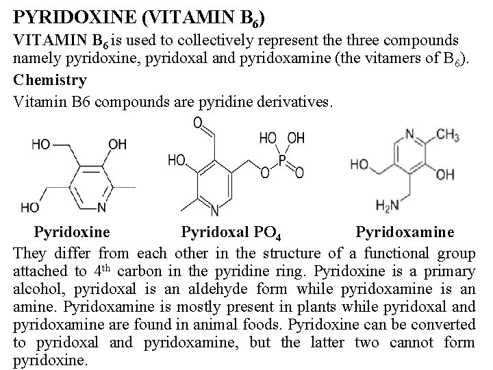 PYRIDOXINE (VITAMIN B 6) VITAMIN B 6 is used to collectively represent the three