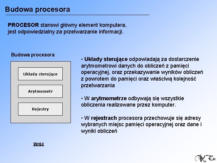 Budowa procesora PROCESOR stanowi główny element komputera, jest odpowiedzialny za przetwarzanie informacji. Budowa procesora