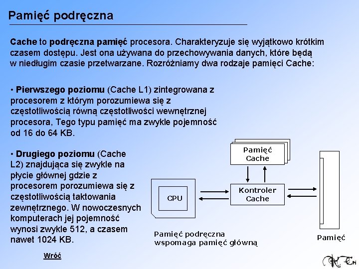 Pamięć podręczna Cache to podręczna pamięć procesora. Charakteryzuje się wyjątkowo krótkim czasem dostępu. Jest