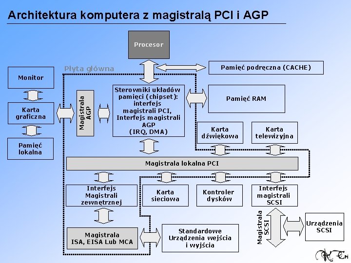 Architektura komputera z magistralą PCI i AGP Procesor Pamięć podręczna (CACHE) Płyta główna Karta