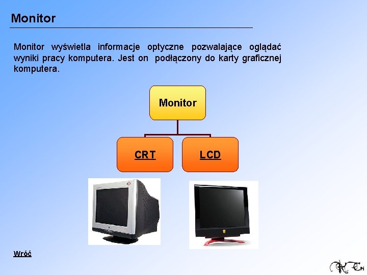Monitor wyświetla informacje optyczne pozwalające oglądać wyniki pracy komputera. Jest on podłączony do karty