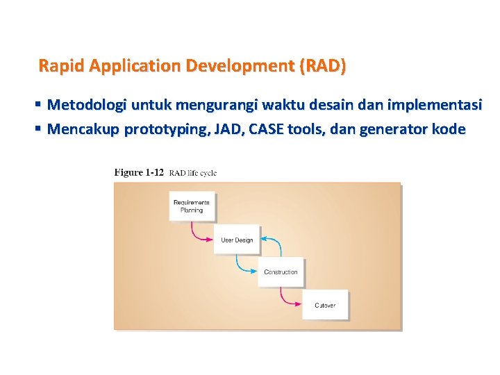 Rapid Application Development (RAD) § Metodologi untuk mengurangi waktu desain dan implementasi § Mencakup