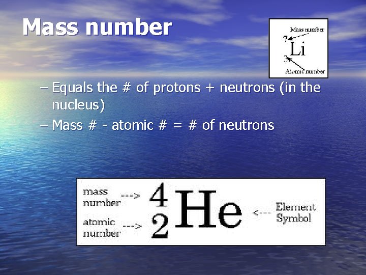 Mass number – Equals the # of protons + neutrons (in the nucleus) –