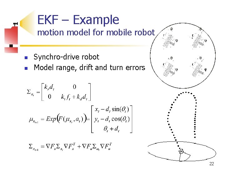 EKF – Example motion model for mobile robot n n Synchro-drive robot Model range,