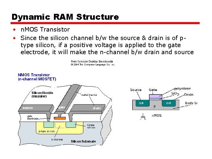 Dynamic RAM Structure • n. MOS Transistor • Since the silicon channel b/w the