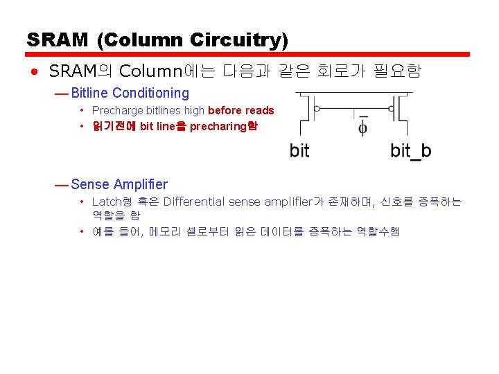 SRAM (Column Circuitry) • SRAM의 Column에는 다음과 같은 회로가 필요함 — Bitline Conditioning •