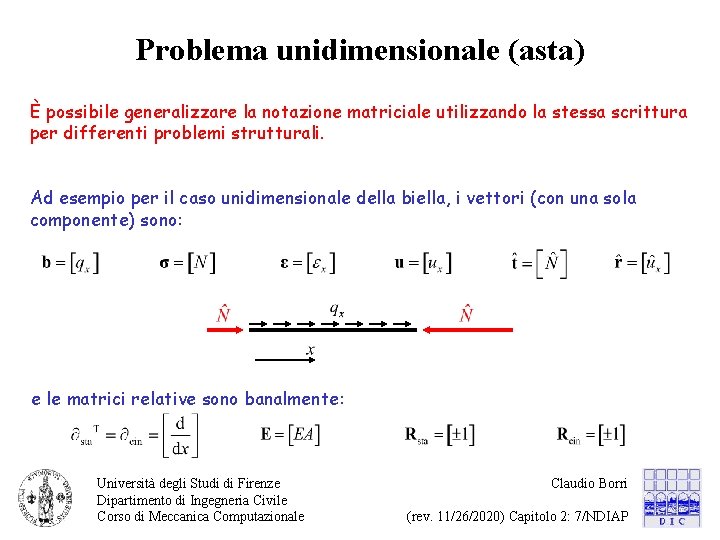 Problema unidimensionale (asta) È possibile generalizzare la notazione matriciale utilizzando la stessa scrittura per