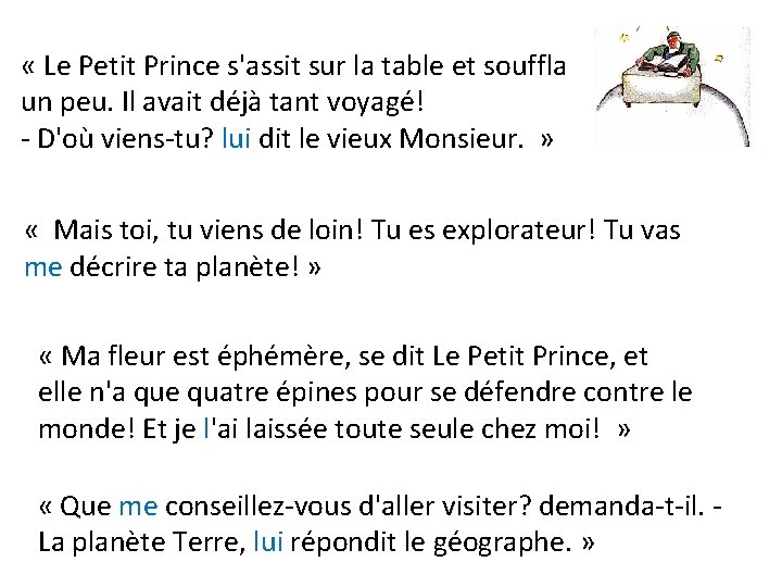 « Le Petit Prince s'assit sur la table et souffla un peu. Il