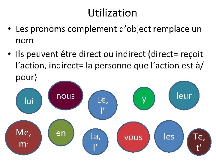 Utilization • Les pronoms complement d’object remplace un nom • Ils peuvent être direct Utilization • Les pronoms complement d’object remplace un nom • Ils peuvent être direct