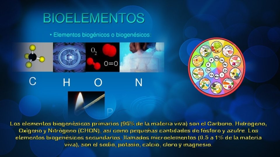 Los elementos biogenésicos primarios (96% de la materia viva) son el Carbono, Hidrógeno, Oxígeno