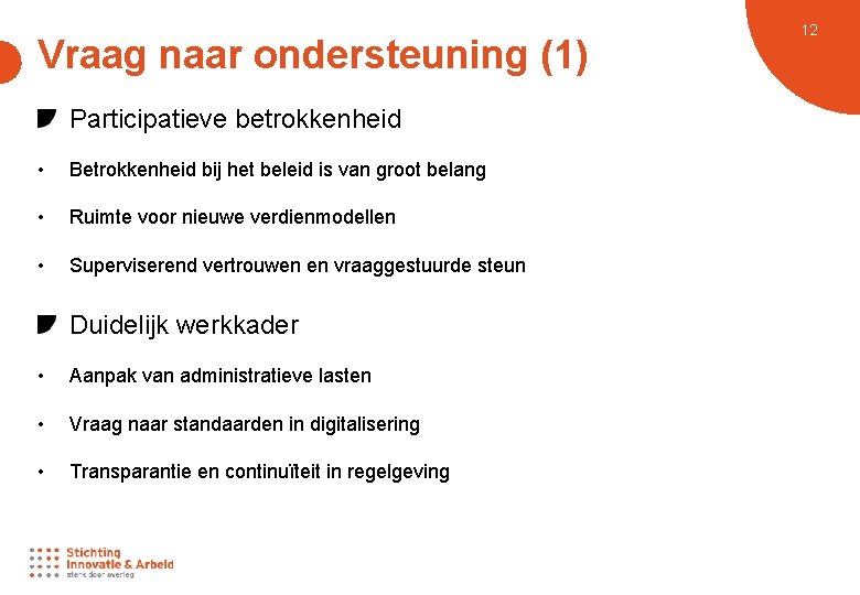 Vraag naar ondersteuning (1) Participatieve betrokkenheid • Betrokkenheid bij het beleid is van groot