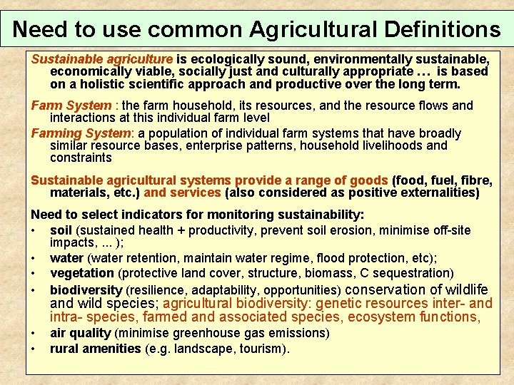 Need to use common Agricultural Definitions Sustainable agriculture is ecologically sound, environmentally sustainable, economically