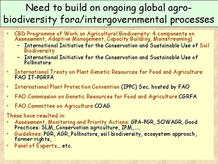 Need to build on ongoing global agrobiodiversity fora/intergovernmental processes • CBD Programme of Work