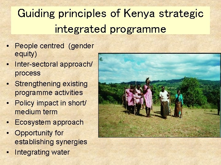 Guiding principles of Kenya strategic integrated programme • People centred (gender equity) • Inter-sectoral
