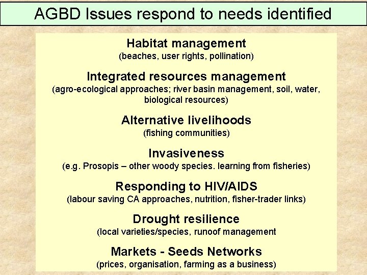 AGBD Issues respond to needs identified Habitat management (beaches, user rights, pollination) Integrated resources