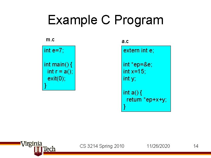 Example C Program m. c a. c int e=7; extern int e; int main()