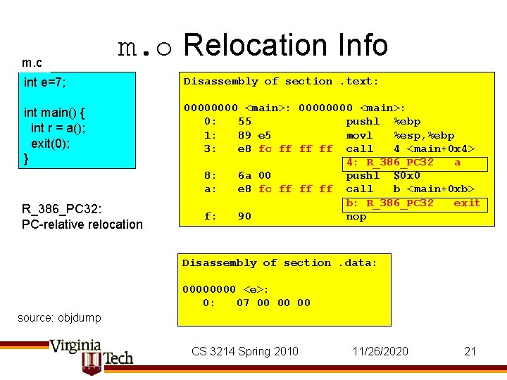 m. c m. o Relocation Info int e=7; Disassembly of section. text: int main()