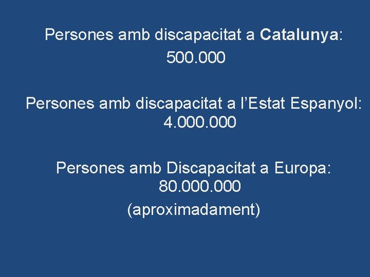 Persones amb discapacitat a Catalunya: 500. 000 Persones amb discapacitat a l’Estat Espanyol: 4.