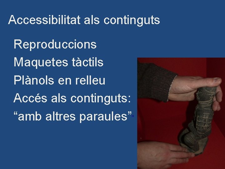 Accessibilitat als continguts Reproduccions Maquetes tàctils Plànols en relleu Accés als continguts: “amb altres