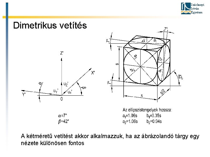 Széchenyi István Egyetem Dimetrikus vetítés A kétméretű vetítést akkor alkalmazzuk, ha az ábrázolandó tárgy