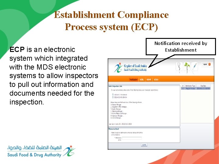 Establishment Compliance Process system (ECP) ECP is an electronic system which integrated with the