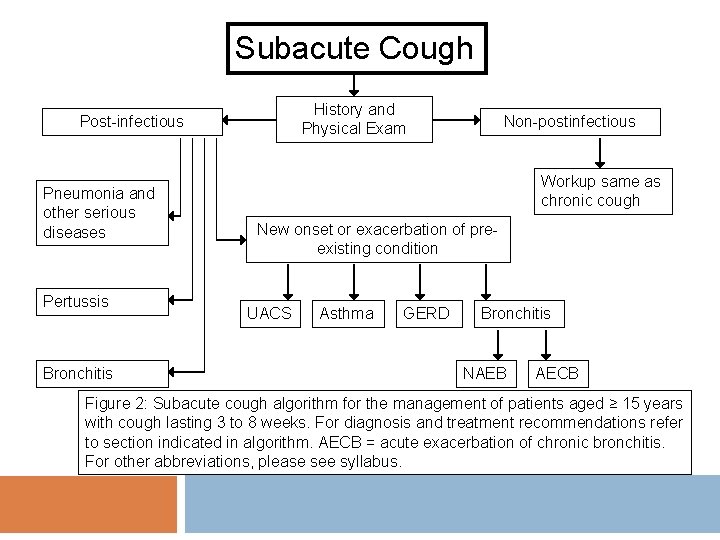 Subacute Cough History and Physical Exam Post-infectious Pneumonia and other serious diseases Pertussis Bronchitis